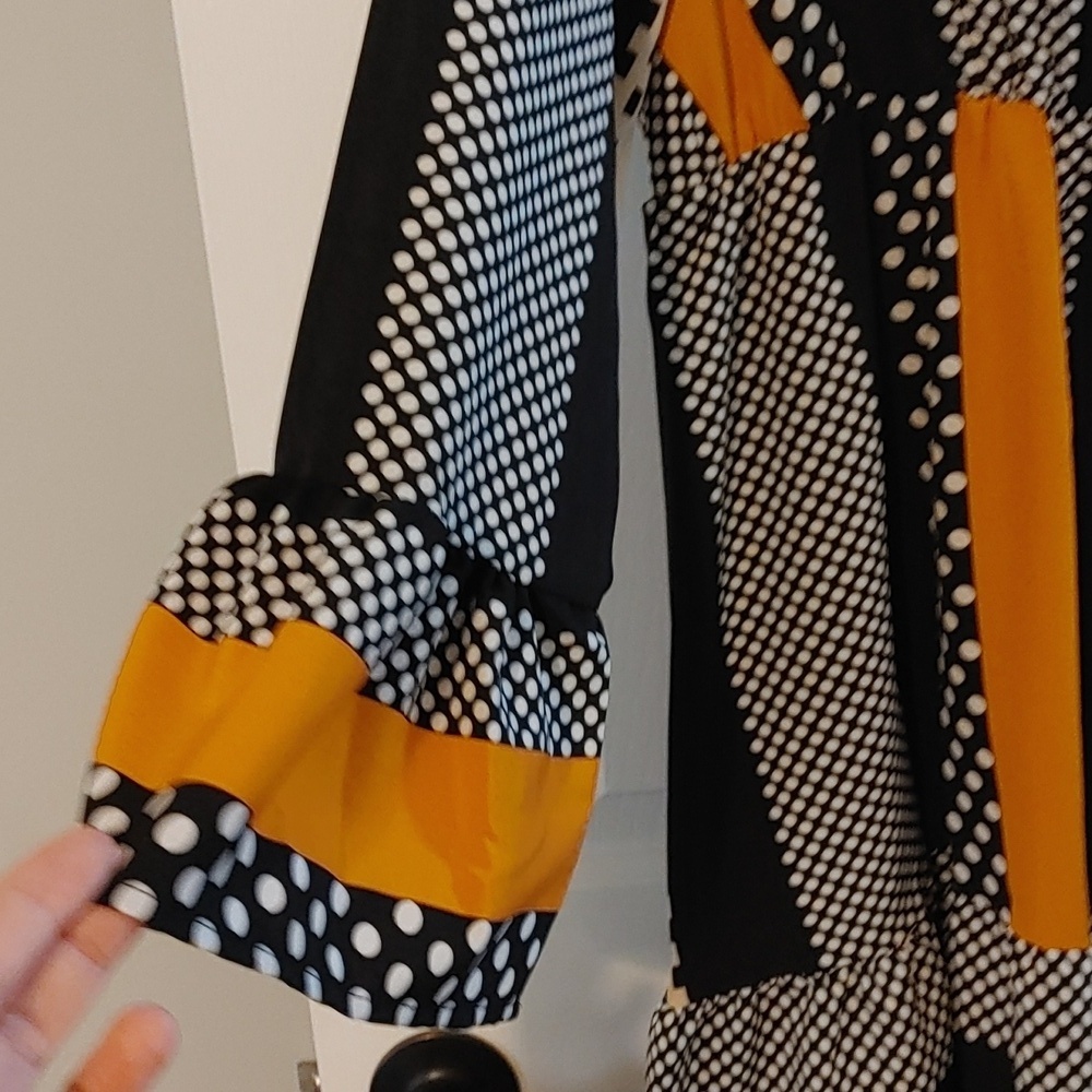 Plus Size 1X-2X Midi Dress Lightweight Mixture Of Polka Dots & Stripes Fall Hues - Picture 4 of 7